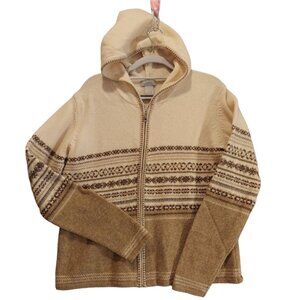 Northwest Blue hooded cardigan womens L cream tan brown Fair Isle wool zip Beach